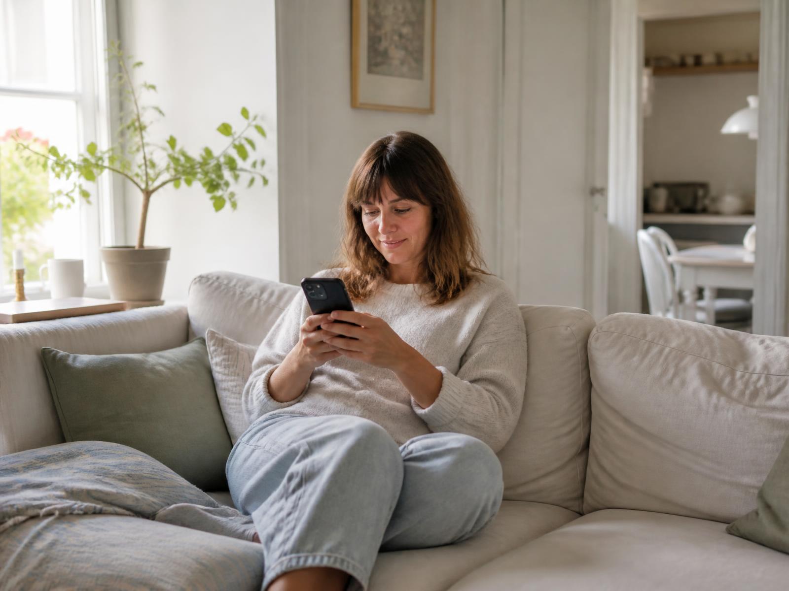 Kvinde sidder afslappet på en sofa med sin telefon i dagslys