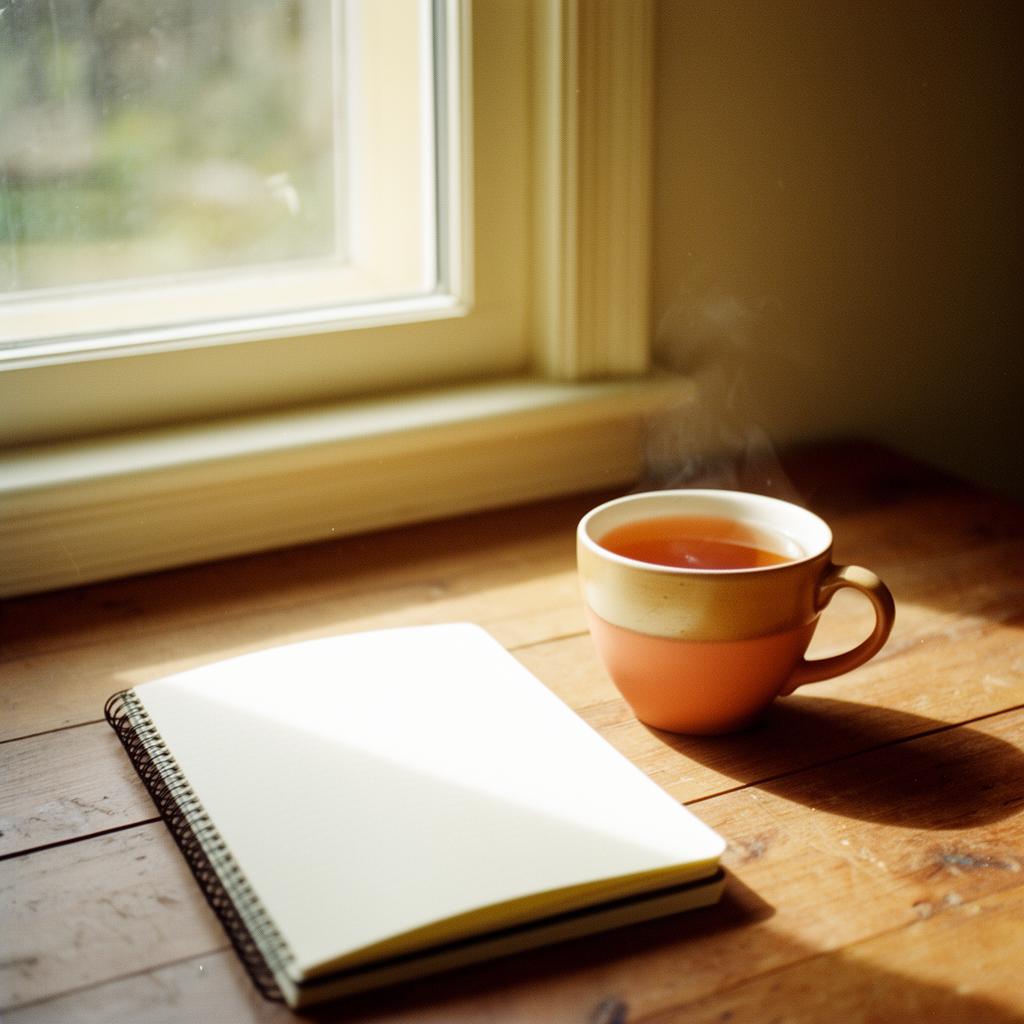 A warm cup and notebook by a sunlit window
